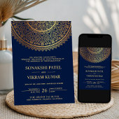 Invitation Mariage indien Mandala en or bleu traditionnel