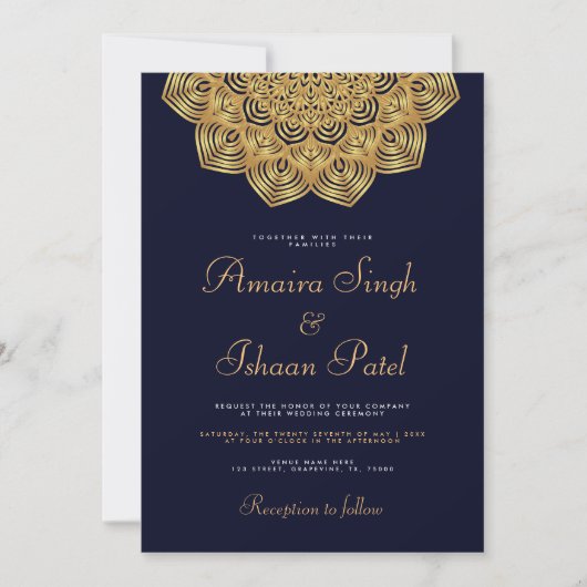 Invitation Mariage indien Mandala en or traditionnel bleu mar (Devant)