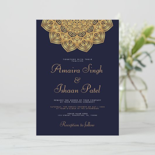 Invitation Mariage indien Mandala en or traditionnel bleu mar (Debout devant)