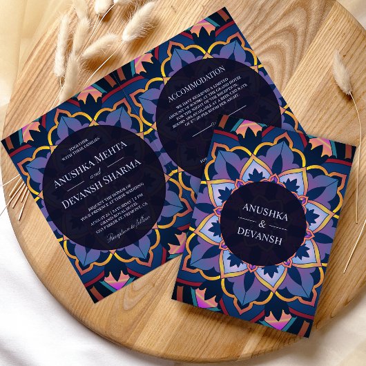 Invitation Mariage indien Mandala jaune bleu violet