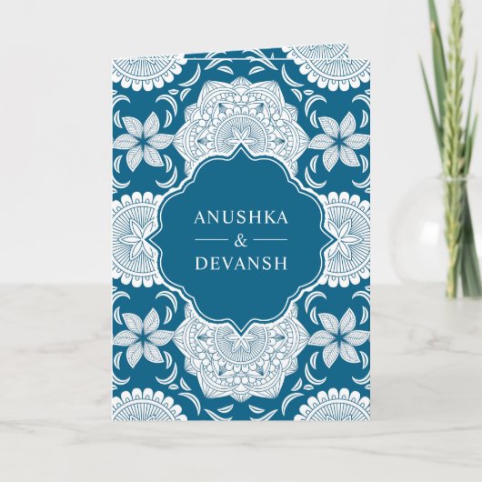 Invitation Mariage indien Mandala QR Code bleu et blanc (Devant)
