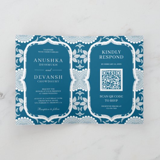 Invitation Mariage indien Mandala QR Code bleu et blanc (Intérieur)