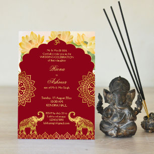Invitation Mariage indien marron or éléphant lotus