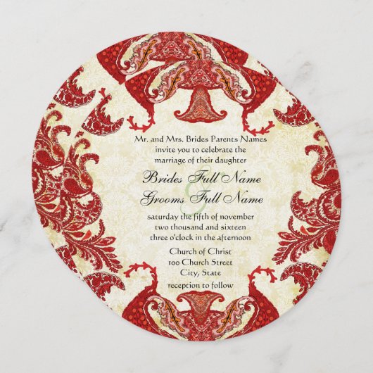 Invitation Mariage indien Mehndi rouge et or (Devant / Derrière)