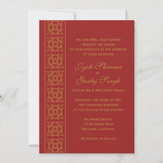Invitation Mariage indien modelé élégant (Devant)