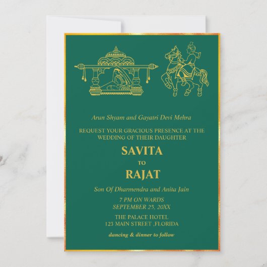 Invitation Mariage indien moderne vert émeraude  (Devant)