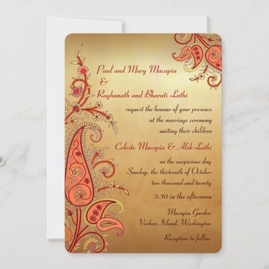 Invitation Mariage indien Paisley Floral Gold Red Orange (Devant)