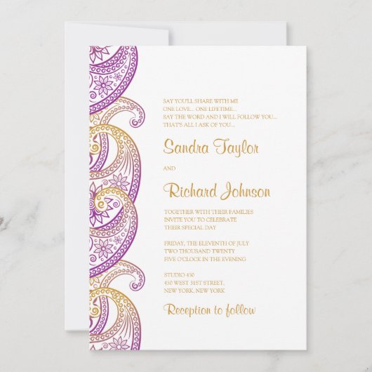 Invitation Mariage indien Paisley Purple & Gold (Devant)