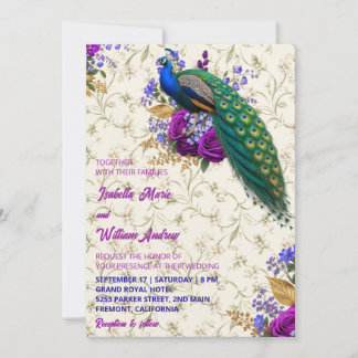 Invitation Mariage indien paon bleu royal pourpre