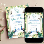 Invitation Mariage indien Peacock et jasmine enregistrer la d<br><div class="desc">Peacock et le mariage indien jasmine enregistrer la date modèle invitation instantanément téléchargement numérique,  deux paons dans le jardin jasmin,  jasmine gajra et guirlandes lampadaires vintages pour un mariage thématique jardin paon sauver la date invitation.</div>