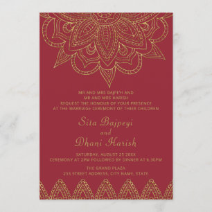 Invitation Mariage indien riche en or rouge Mehndi hindou