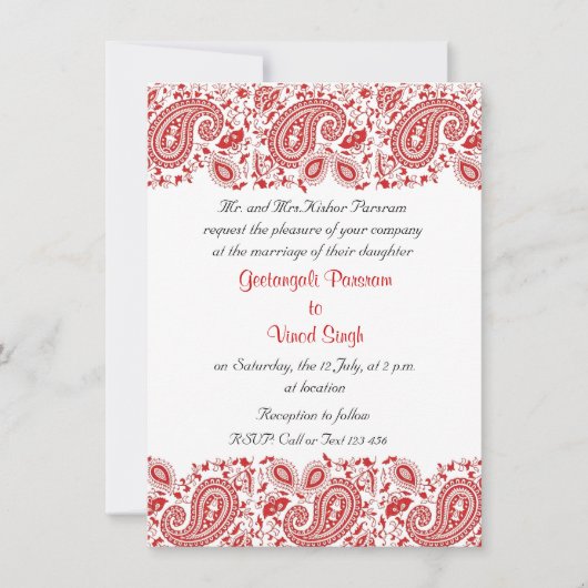 Invitation Mariage indien rouge et blanc (Devant)