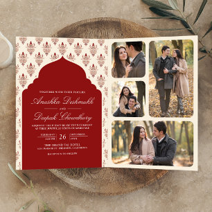 Invitation Mariage indien tout-en-un en ikat crème rouge