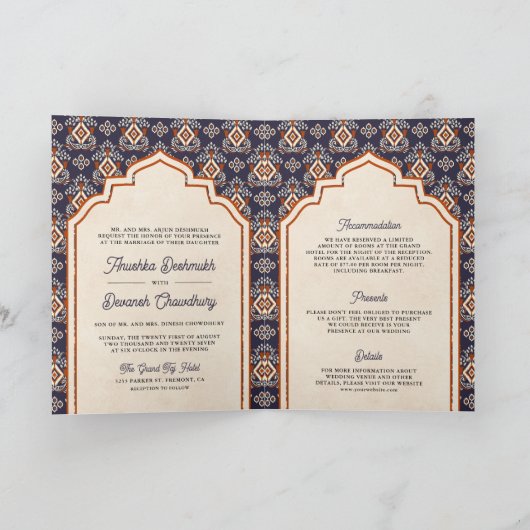 Invitation Mariage indien tout-en-un Ikat orange violet (Intérieur)