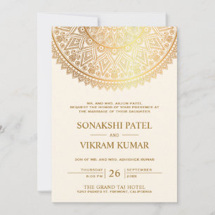 Invitation Mariage indien traditionnel mandala crème or