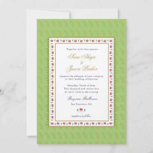 Invitation Mariage Indien vert Mint à la frontière des fleurs (Devant)