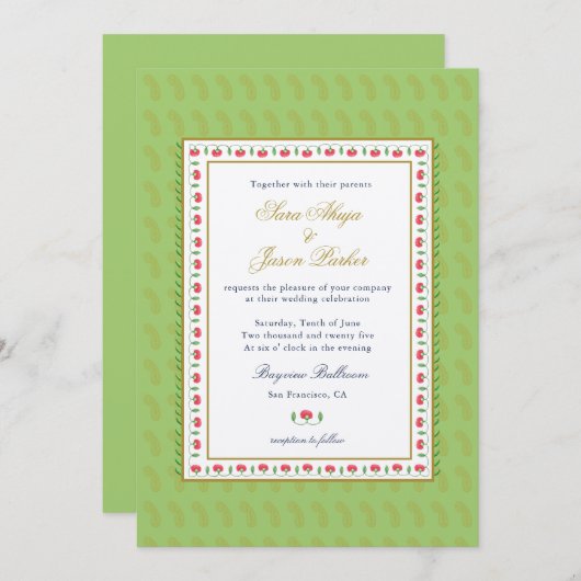 Invitation Mariage Indien vert Mint à la frontière des fleurs (Devant / Derrière)