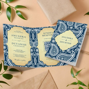Invitation Mariage Indien Vintage Code QR Paisley Bleu Marine