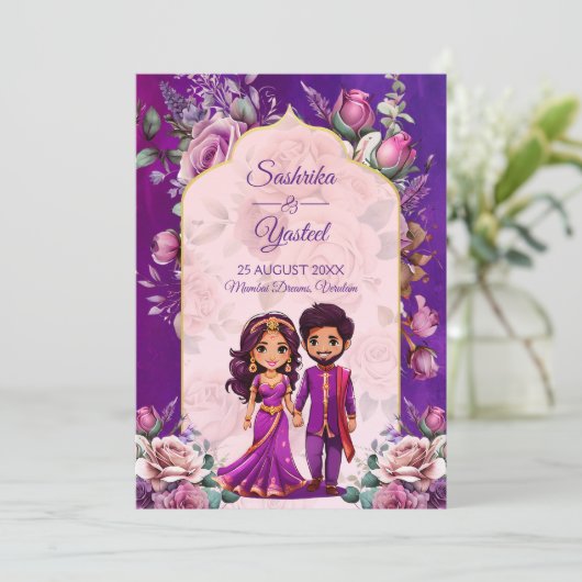 Invitation Mariage indien violet rose rose mignon couple nupt (Debout devant)