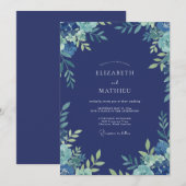 Invitation Mariage Indigo Aqua Feuillu (Devant / Derrière)