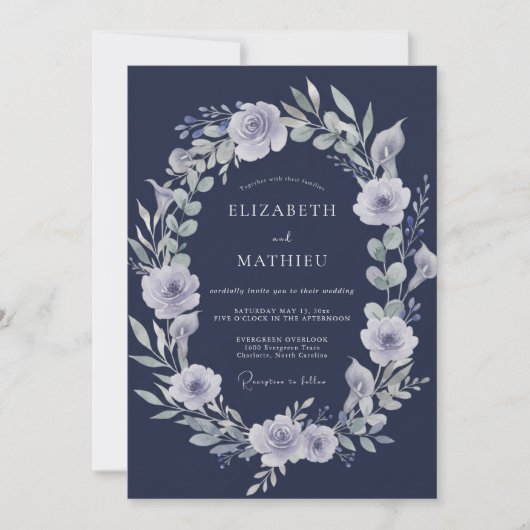 Invitation Mariage Indigo Argent Eucalyptus (Devant)