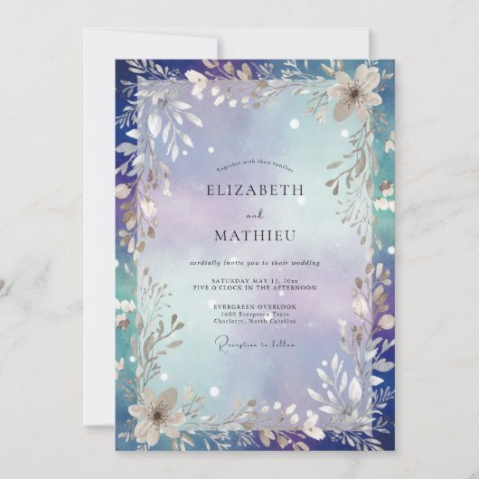 Invitation Mariage Indigo Argent Feuillage Sage (Devant)