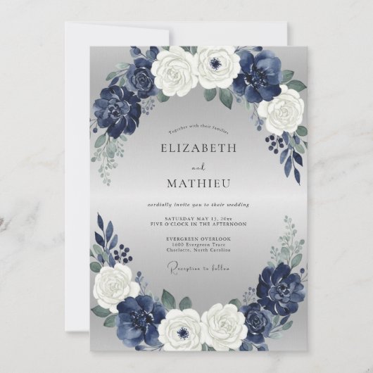 Invitation Mariage Indigo Argent Paeonia (Devant)