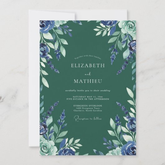 Invitation Mariage Indigo Bleuet Eucalyptus Forêt (Devant)
