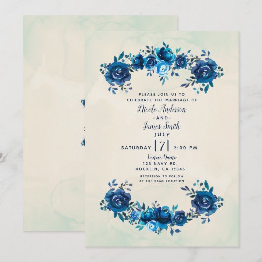 Invitation Mariage Indigo Blue & Beige Watercolor (Devant / Derrière)