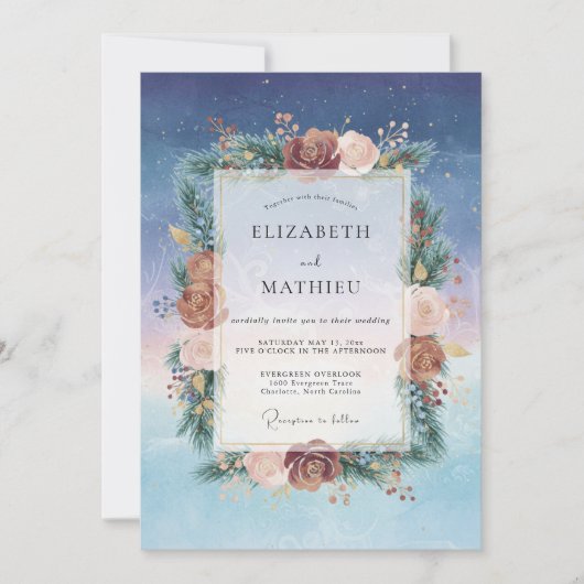 Invitation Mariage Indigo Bourgogne Ranunculus Eucalyptus (Devant)