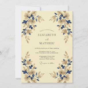 Invitation Mariage Indigo Champagne Feuillage Poussiéreux Euc