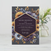 Invitation Mariage Indigo Doré Fleurissant (Debout devant)