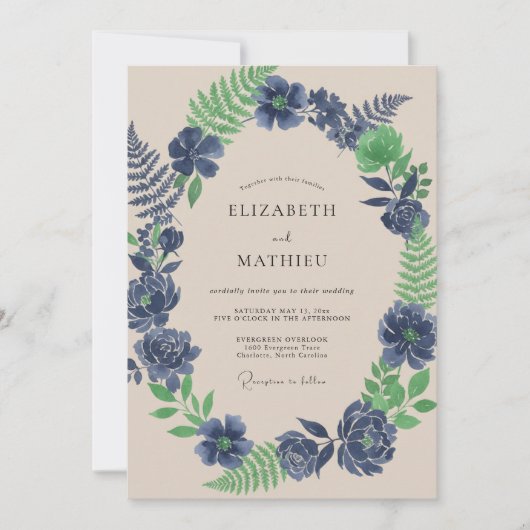 Invitation Mariage Indigo Fern Leafy (Devant)