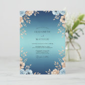 Invitation Mariage Indigo Feuilles Dorées (Debout devant)