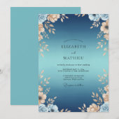 Invitation Mariage Indigo Feuilles Dorées (Devant / Derrière)