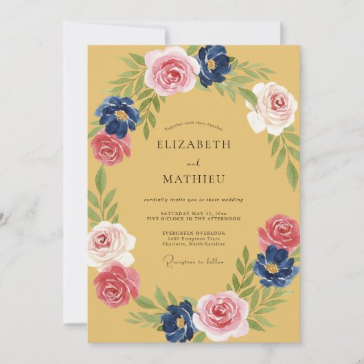 Invitation Mariage Indigo Pétale Rose Moutarde (Devant)