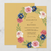 Invitation Mariage Indigo Pétale Rose Moutarde (Devant / Derrière)