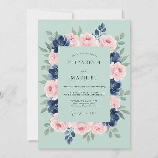 Invitation Mariage Indigo Pétales de Mousse de Mer (Devant)