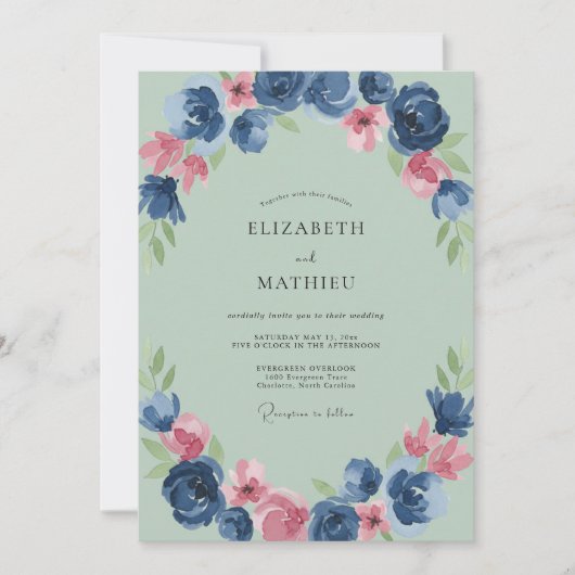 Invitation Mariage Indigo Ranunculus Eucalyptus Mousse de Mer (Devant)