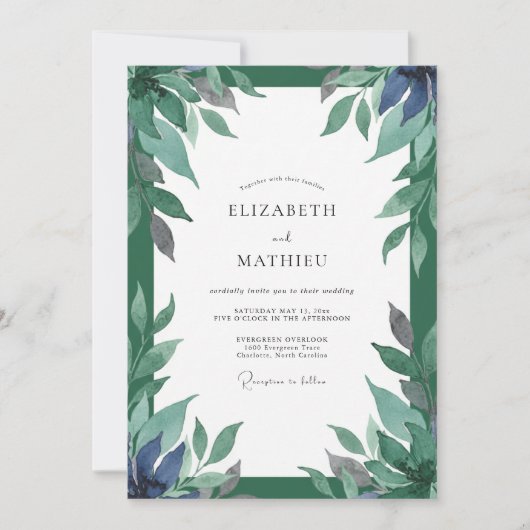 Invitation Mariage Indigo Sarcelle Feuillage Eucalyptus Pouss (Devant)
