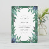 Invitation Mariage Indigo Sarcelle Feuillage Eucalyptus Pouss (Debout devant)