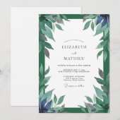 Invitation Mariage Indigo Sarcelle Feuillage Eucalyptus Pouss (Devant / Derrière)