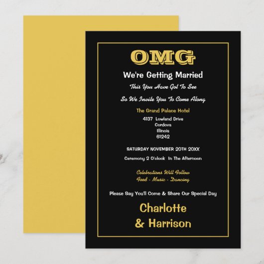 Invitation Mariage Informel Or Noir (Devant / Derrière)