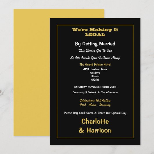 Invitation Mariage Informel Or Noir (Devant / Derrière)