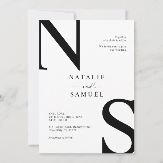 Invitation Mariage initial en noir et blanc élégant minimal (Devant)