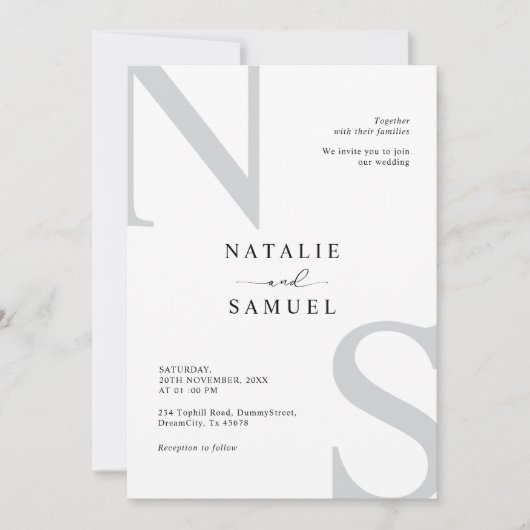 Invitation Mariage initial en noir et blanc élégant minimal (Devant)