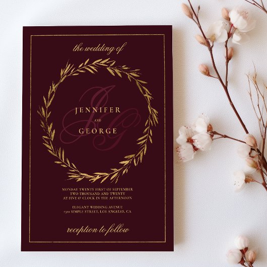 Invitation Mariage initiales monogramme or bourgogne foncé