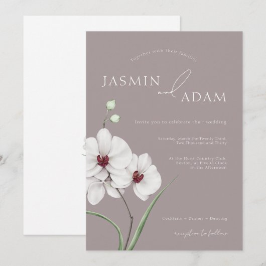 Invitation Mariage Initiales Orchidée Blanche Grise Moderne (Devant / Derrière)