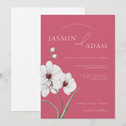 Invitation Mariage Initiales Orchidée Blanche Rose Magenta (Devant / Derrière)