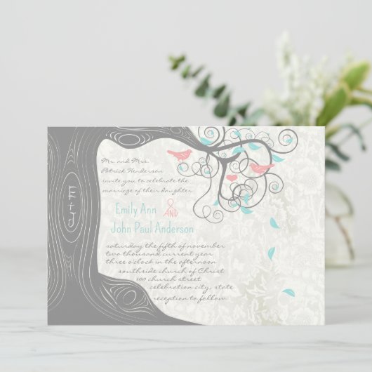 Invitation Mariage Inséparable Gris Peachy Pink Minty Aqua (Debout devant)